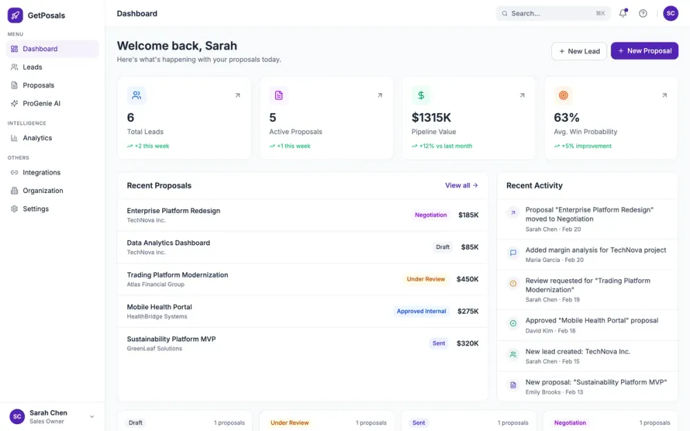 GetPosals: An AI proposal workspace, designed and built solo, design to deployment.
