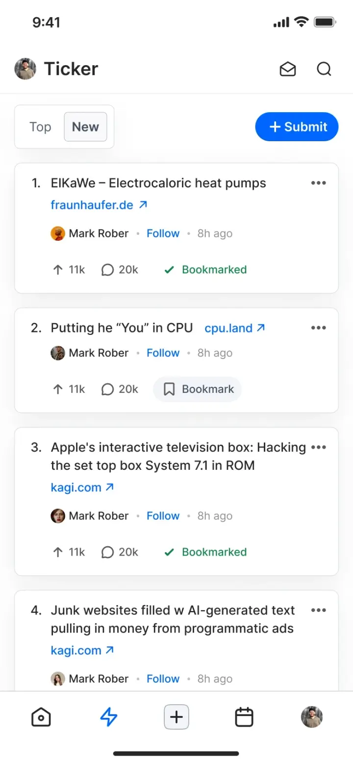 The Duggup ticker: a ranked list of community-submitted links with vote counts, comment counts and a bookmark action