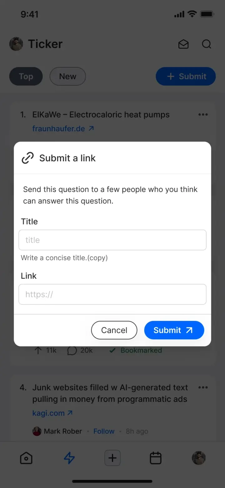 A Duggup modal titled Submit a link with a title field and a URL field