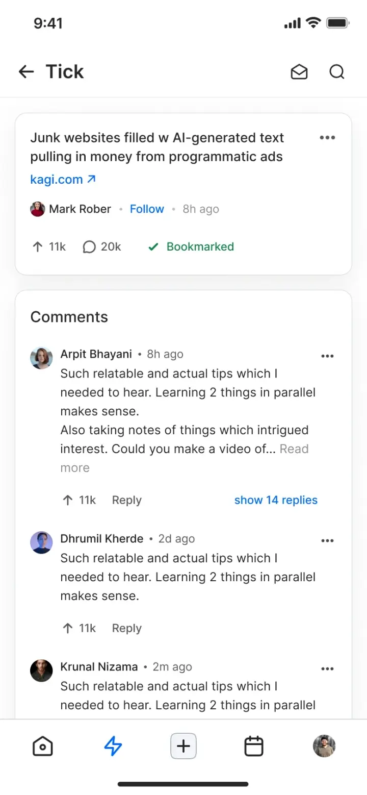 A Duggup tick detail page showing the submitted link above a threaded comment discussion with replies