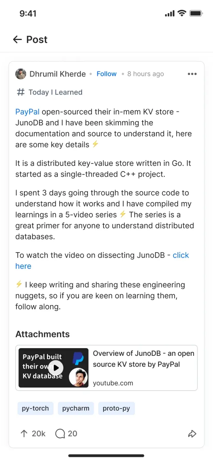 A Duggup post tagged Today I Learned, describing an open-source key-value store, with a linked video attachment and topic tags
