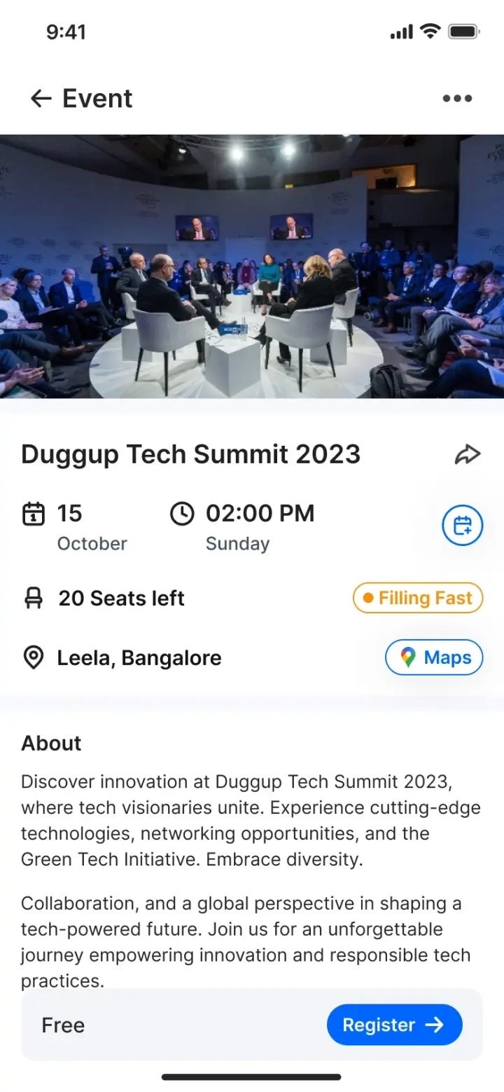A Duggup event detail page with a photograph, date, time, seats remaining, a maps link, a description and a register action