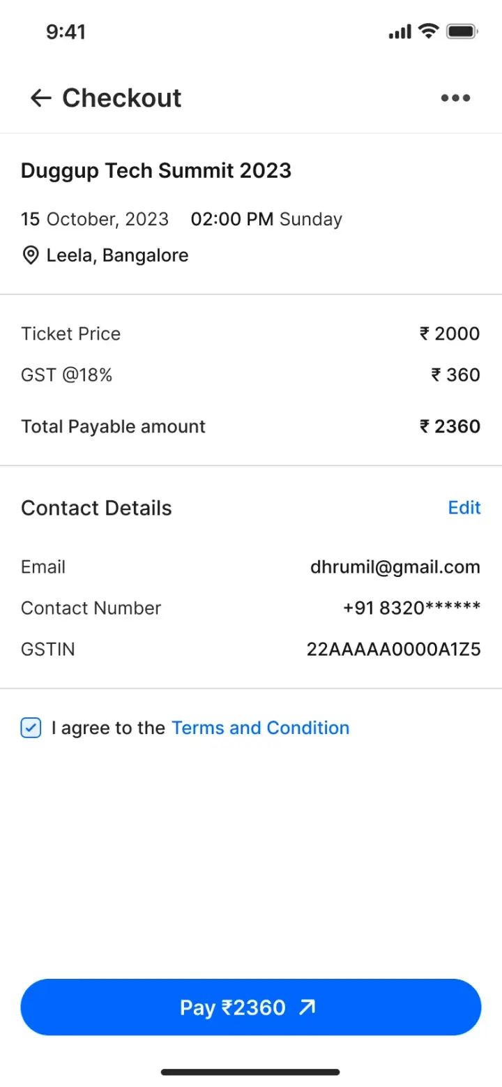 A Duggup checkout screen itemising ticket price, GST at eighteen percent and total payable, above editable contact details and a pay action