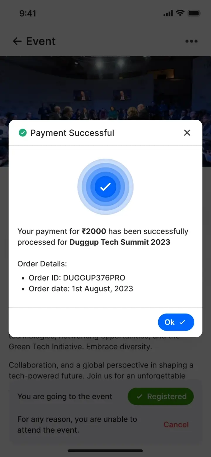 A Duggup payment success dialog showing the amount, the event name, an order ID and an order date, above a registered state with a cancel option