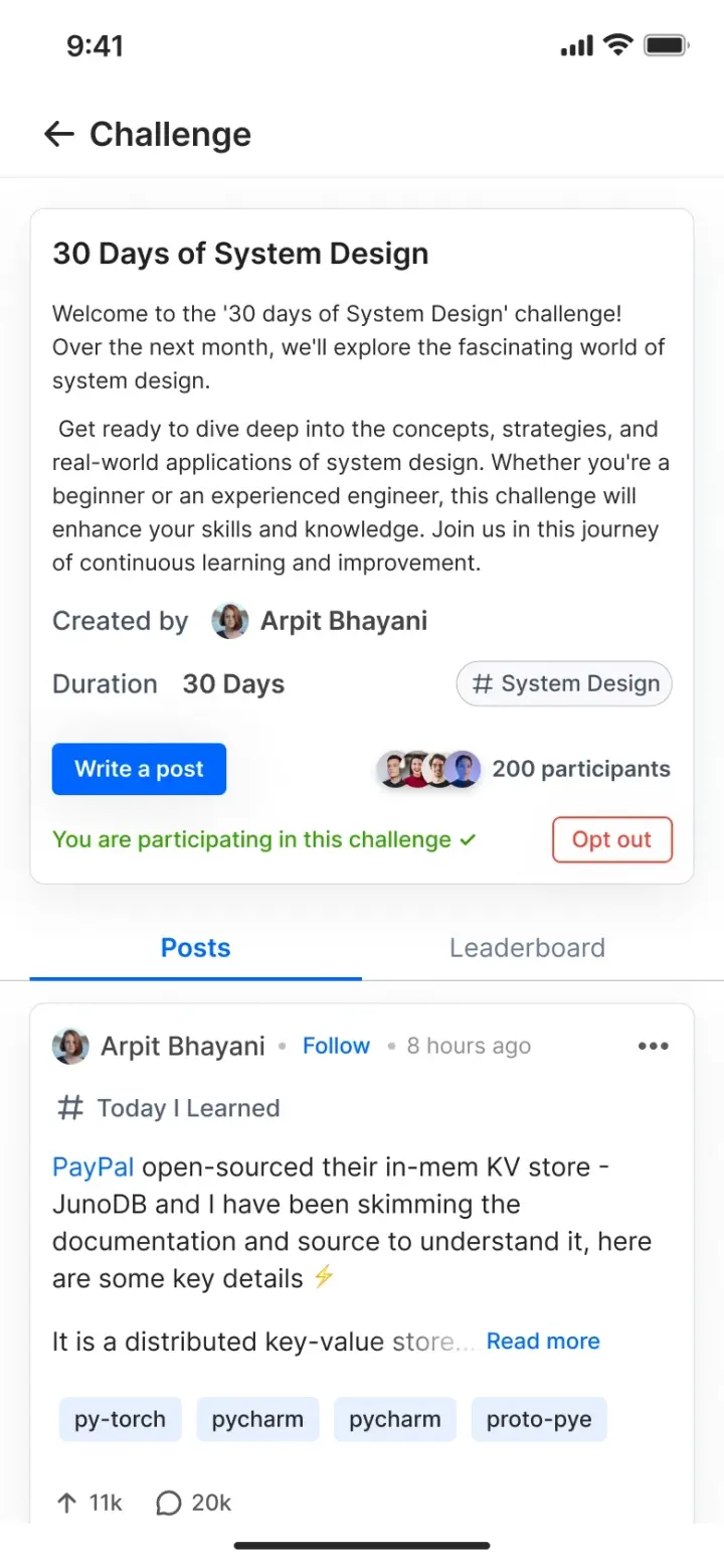 A Duggup challenge page for 30 Days of System Design showing duration, participant count, an opt-out control and a posts tab