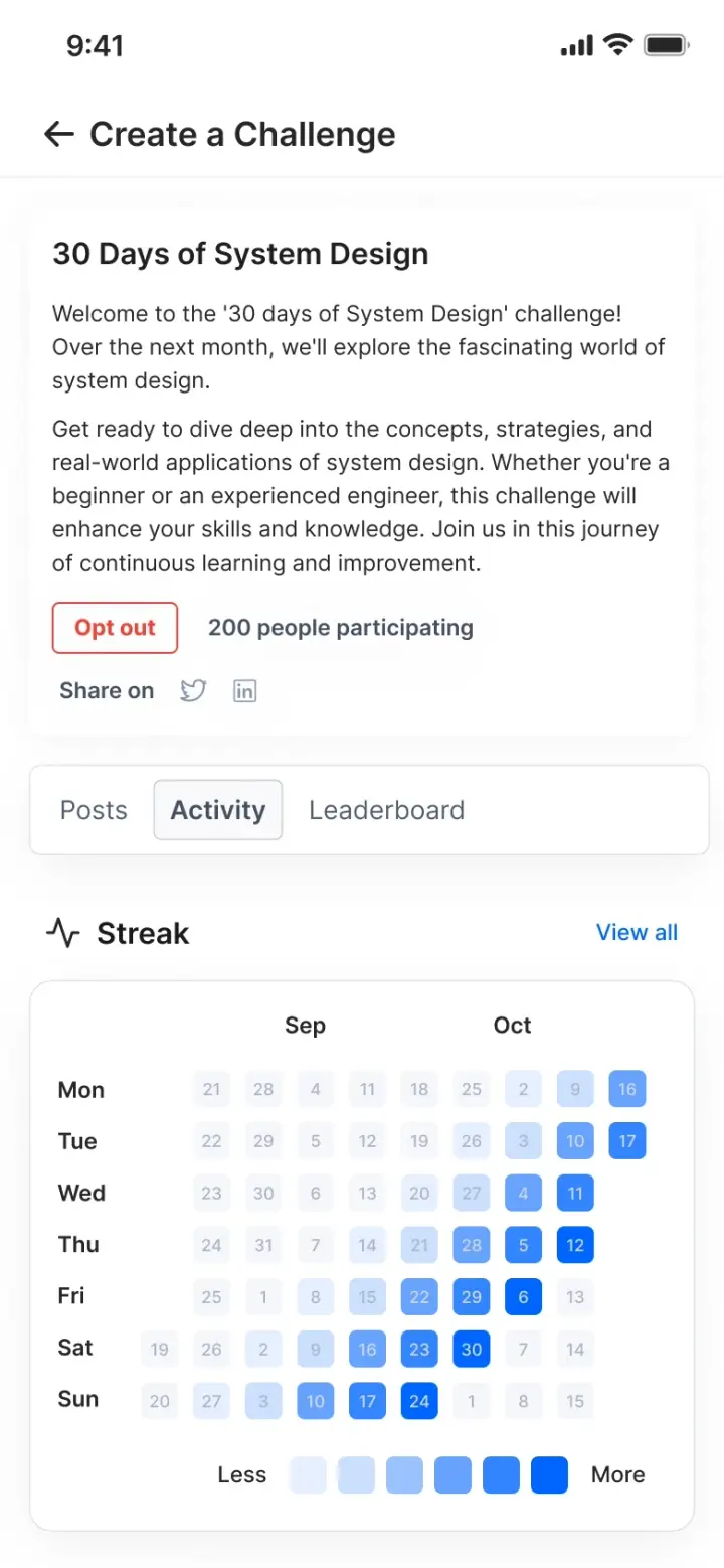 The activity tab of a Duggup challenge, showing a streak calendar of filled squares across September and October
