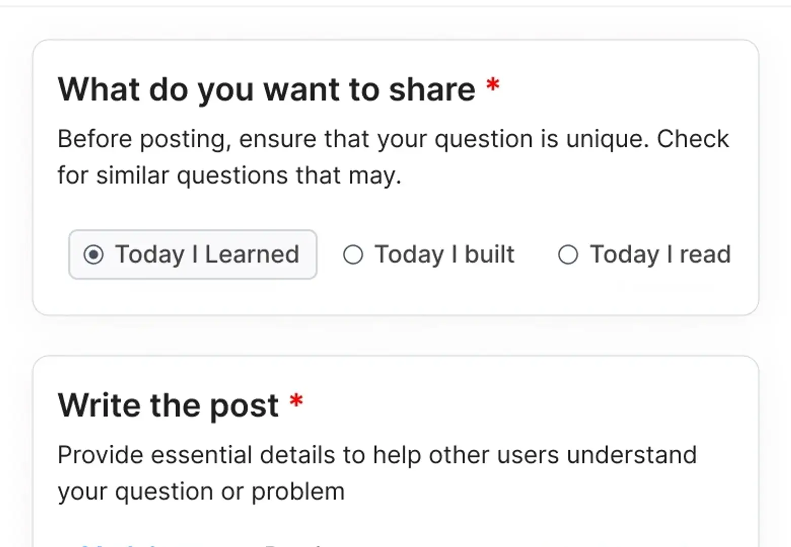 The top of the Duggup post composer, asking what do you want to share, with three options: Today I Learned, Today I built, and Today I read