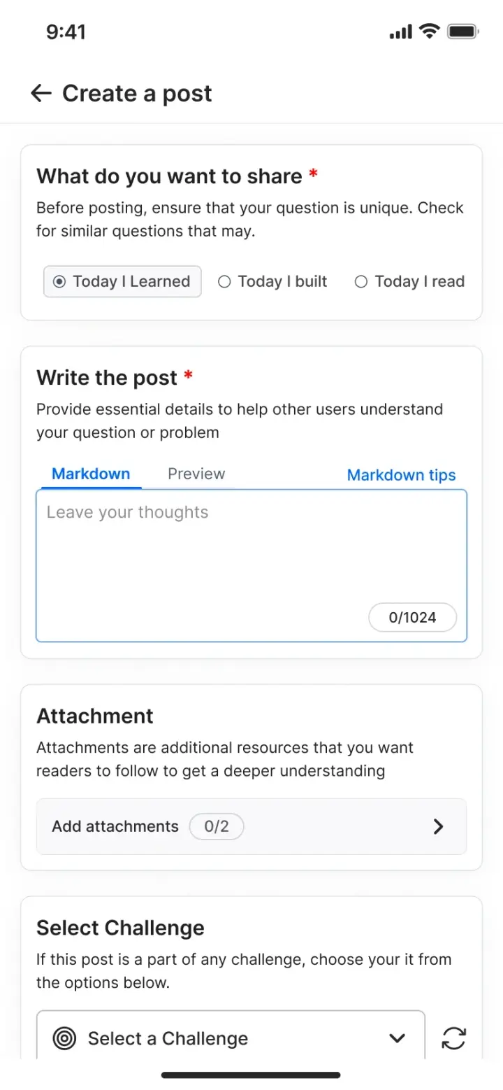The Duggup post composer showing post-kind options, a Markdown editor with a character counter, an attachment slot and a challenge selector