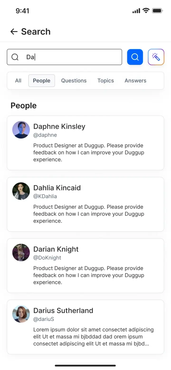 Duggup search with a partial query typed, showing All, People, Questions, Topics and Answers tabs above people results
