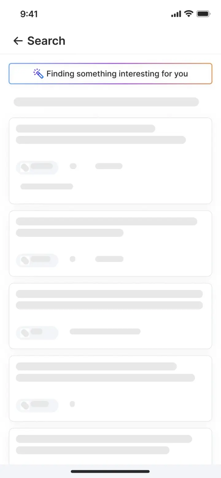 The Duggup search loading state, a banner reading finding something interesting for you above skeleton placeholders shaped like result cards