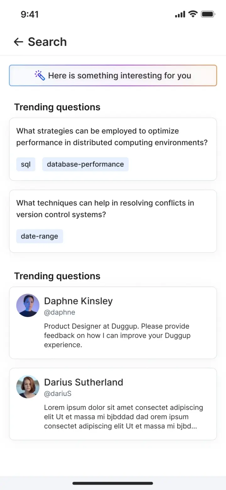 Duggup search results with no query, showing trending questions and suggested people to follow