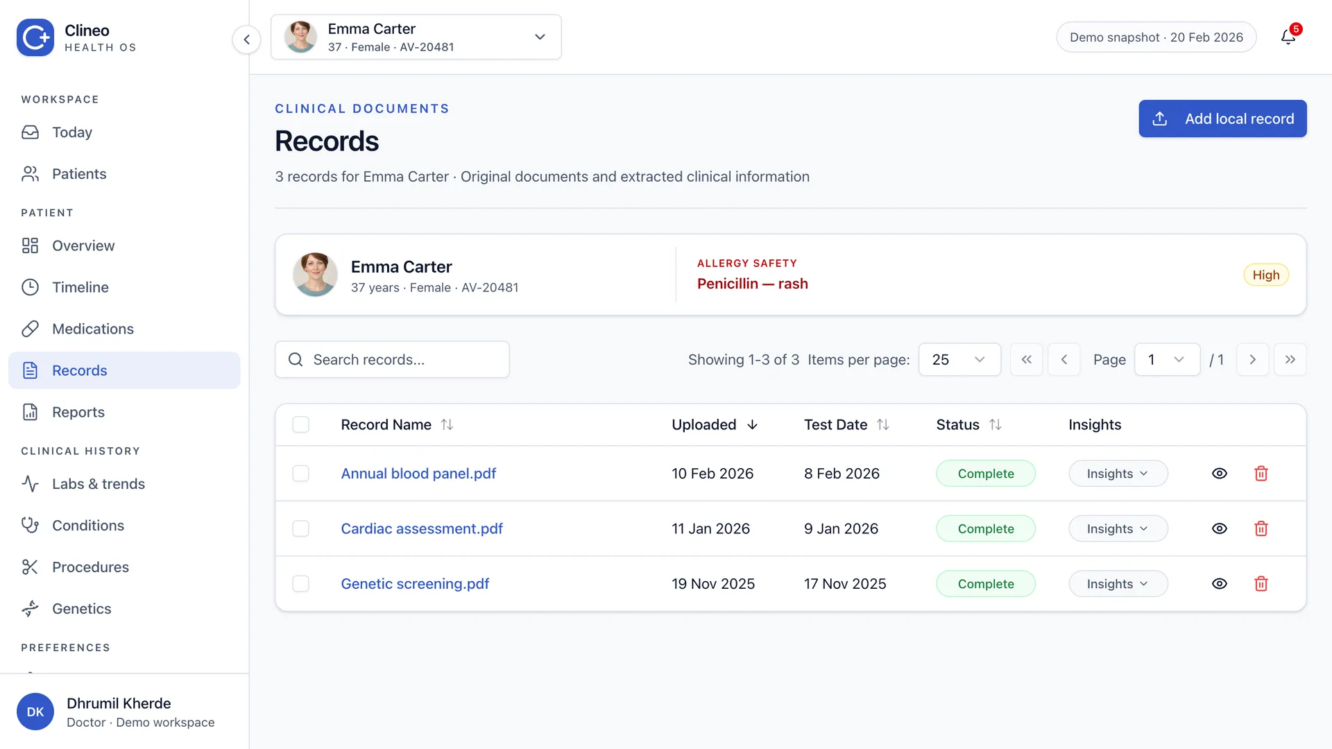 Medical records table with source document and review actions
