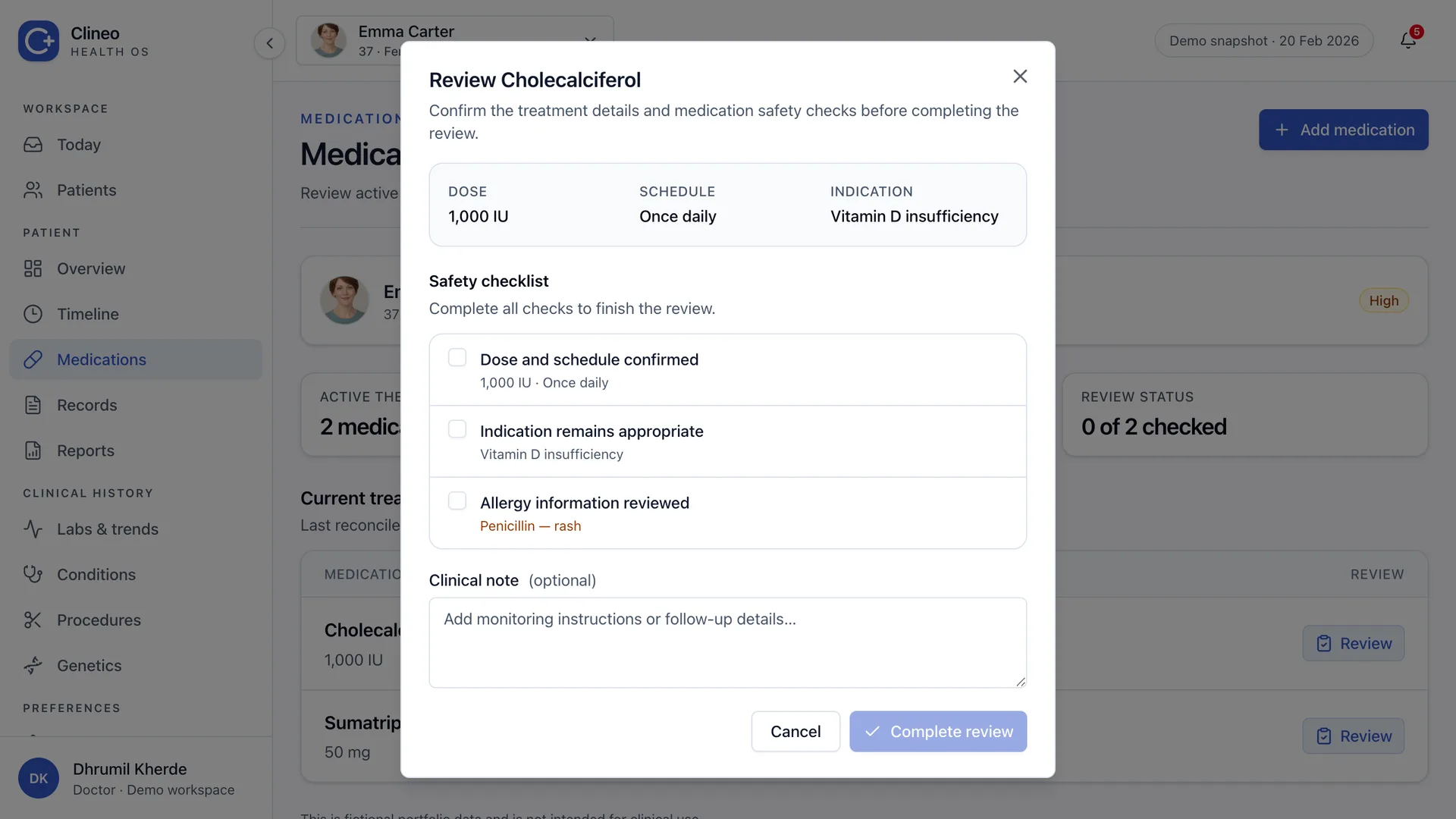 Medication review dialog with dose, schedule, indication and three required safety checks