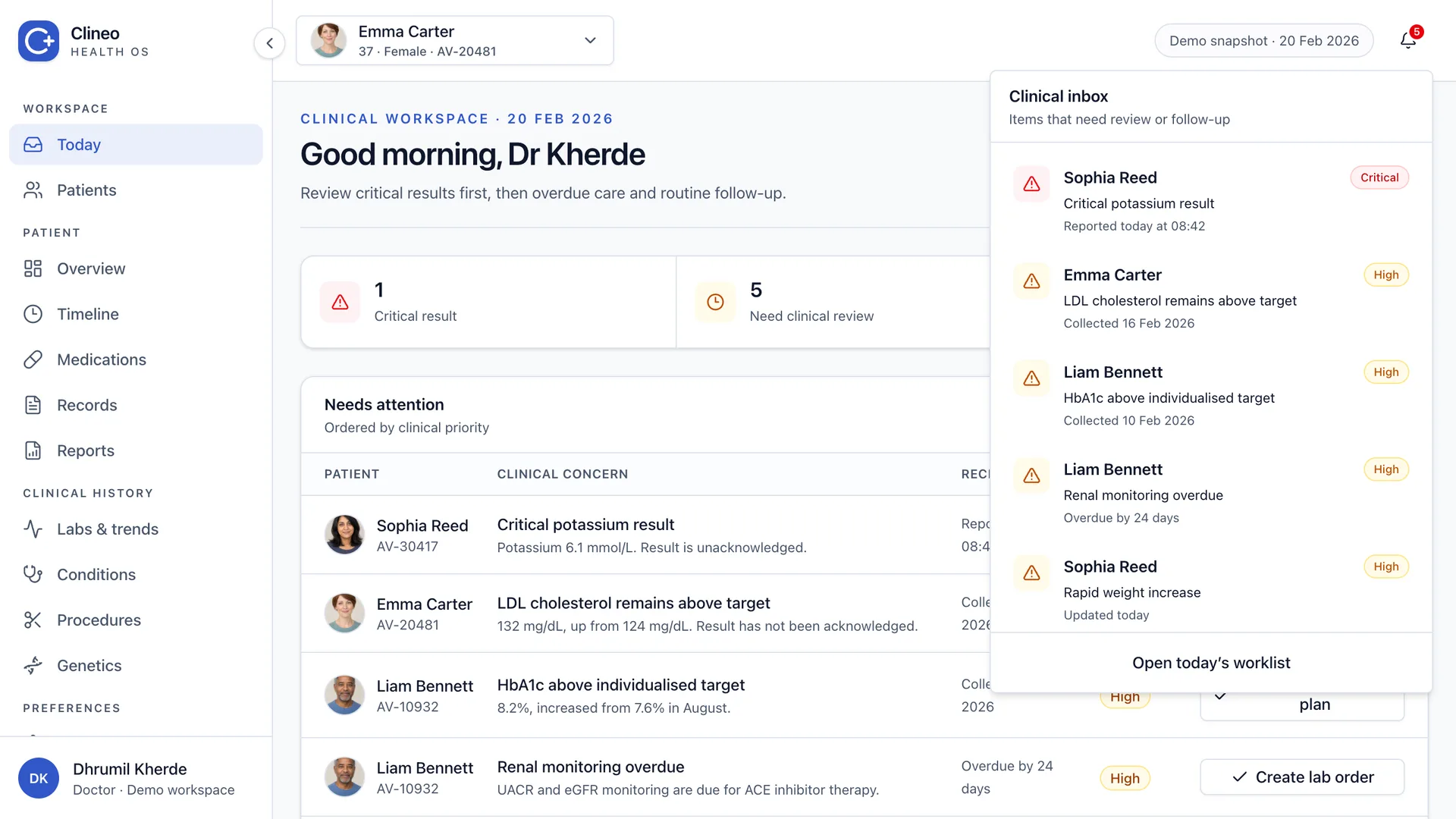 Notification inbox with aligned icons, patient context, priority and follow-up actions