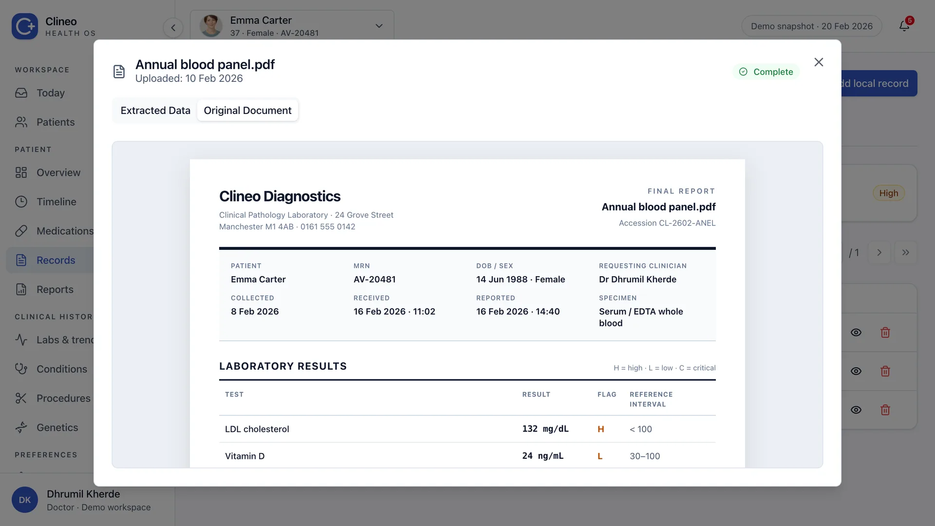 Original medical record viewer with document preview, source metadata and a close control