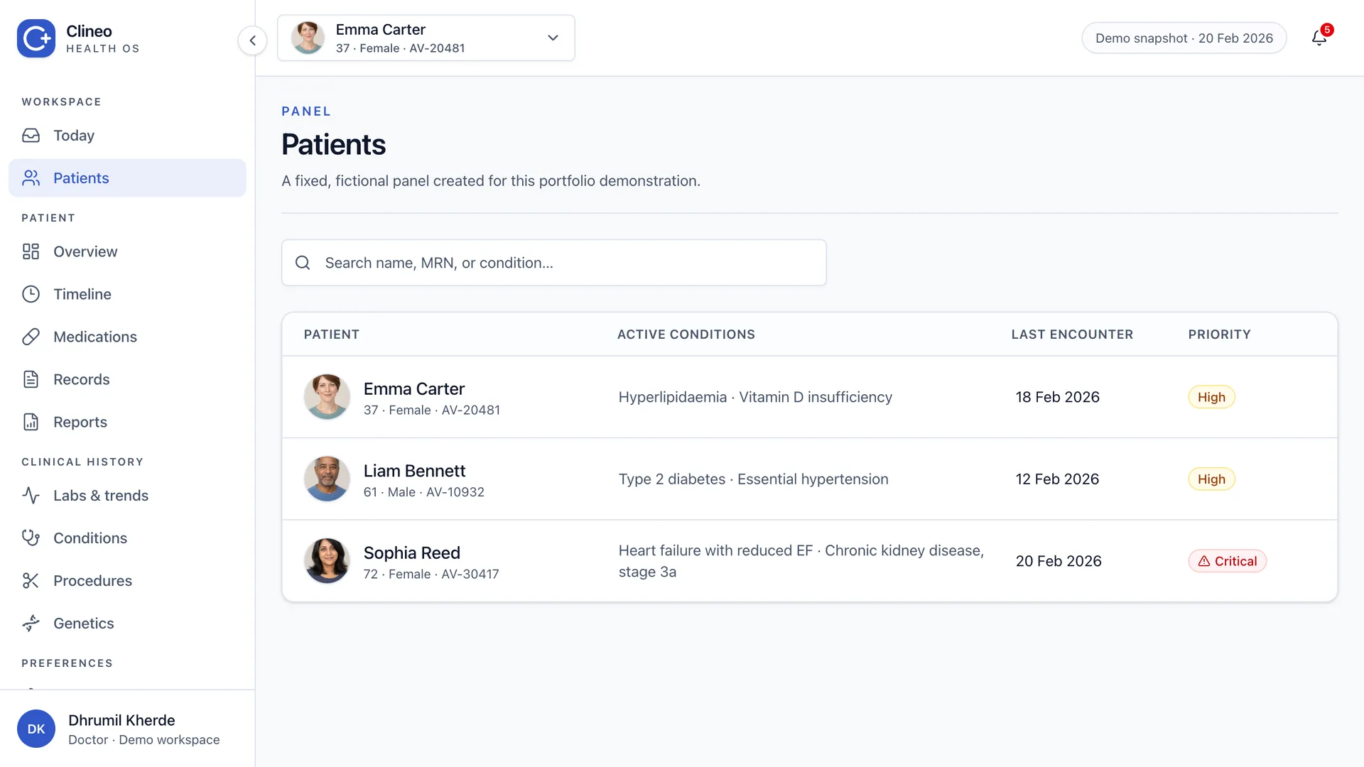 Patient directory with profile images, clinical identifiers and view actions