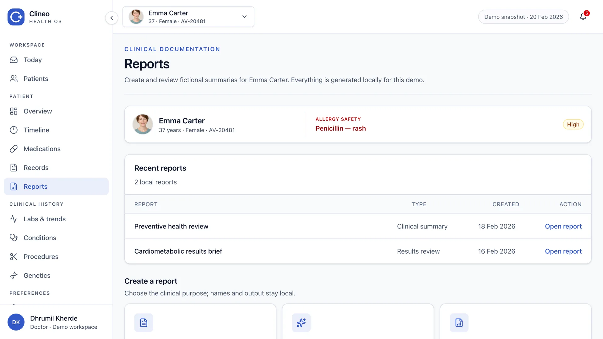 Clinical reports list with processing, review and completed states