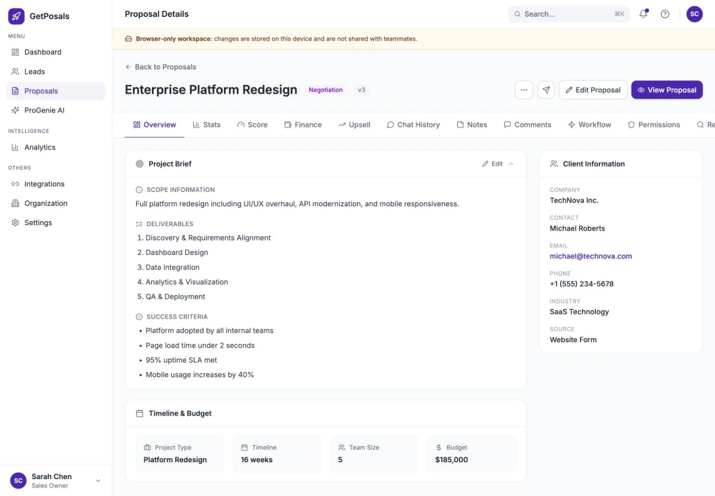 GetPosals Proposal detail and commercial overview