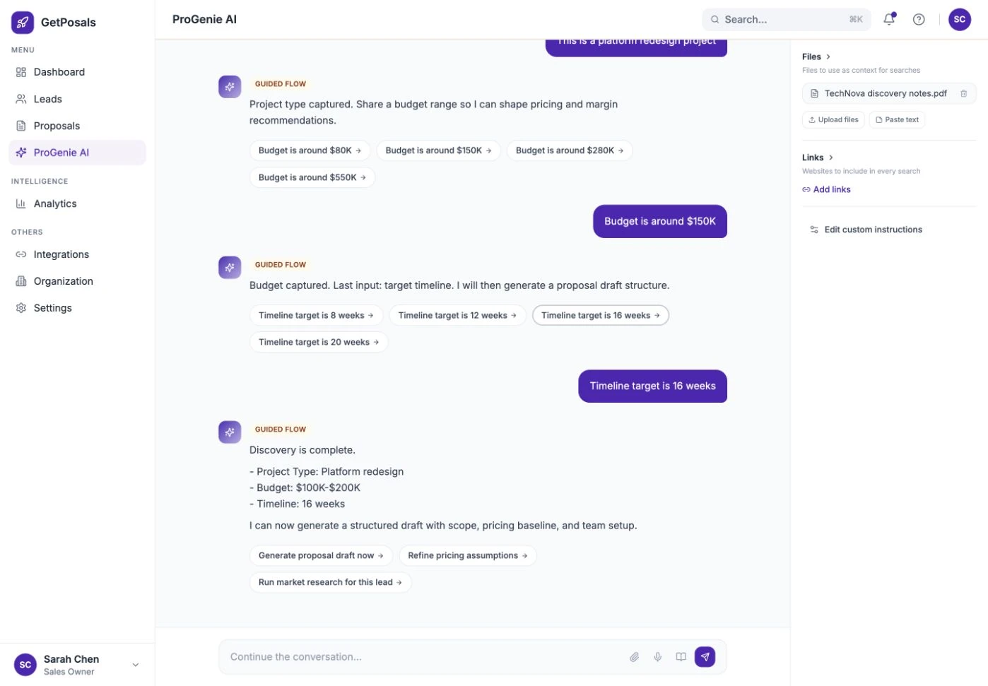 GetPosals ProGenie assistant with files and links at left, discovery conversation in the center, and a guided-mode provenance label