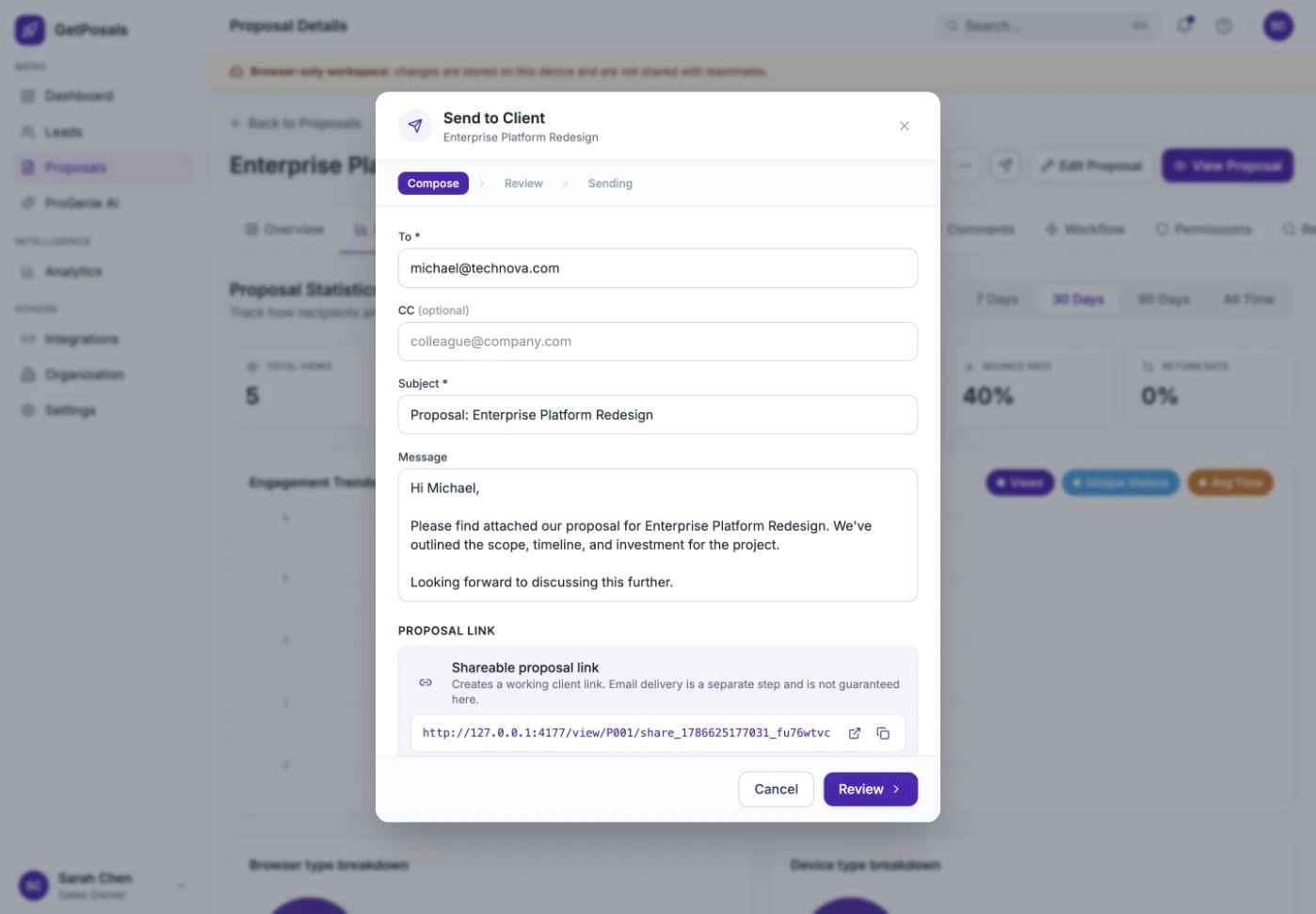 GetPosals send-to-client flow with recipient and delivery controls