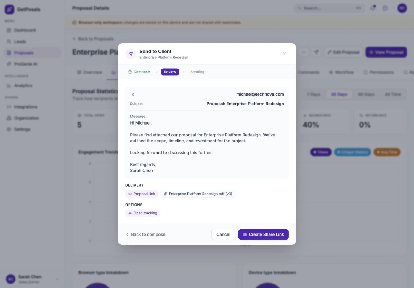 GetPosals proposal sharing flow with a persisted client link and copy action