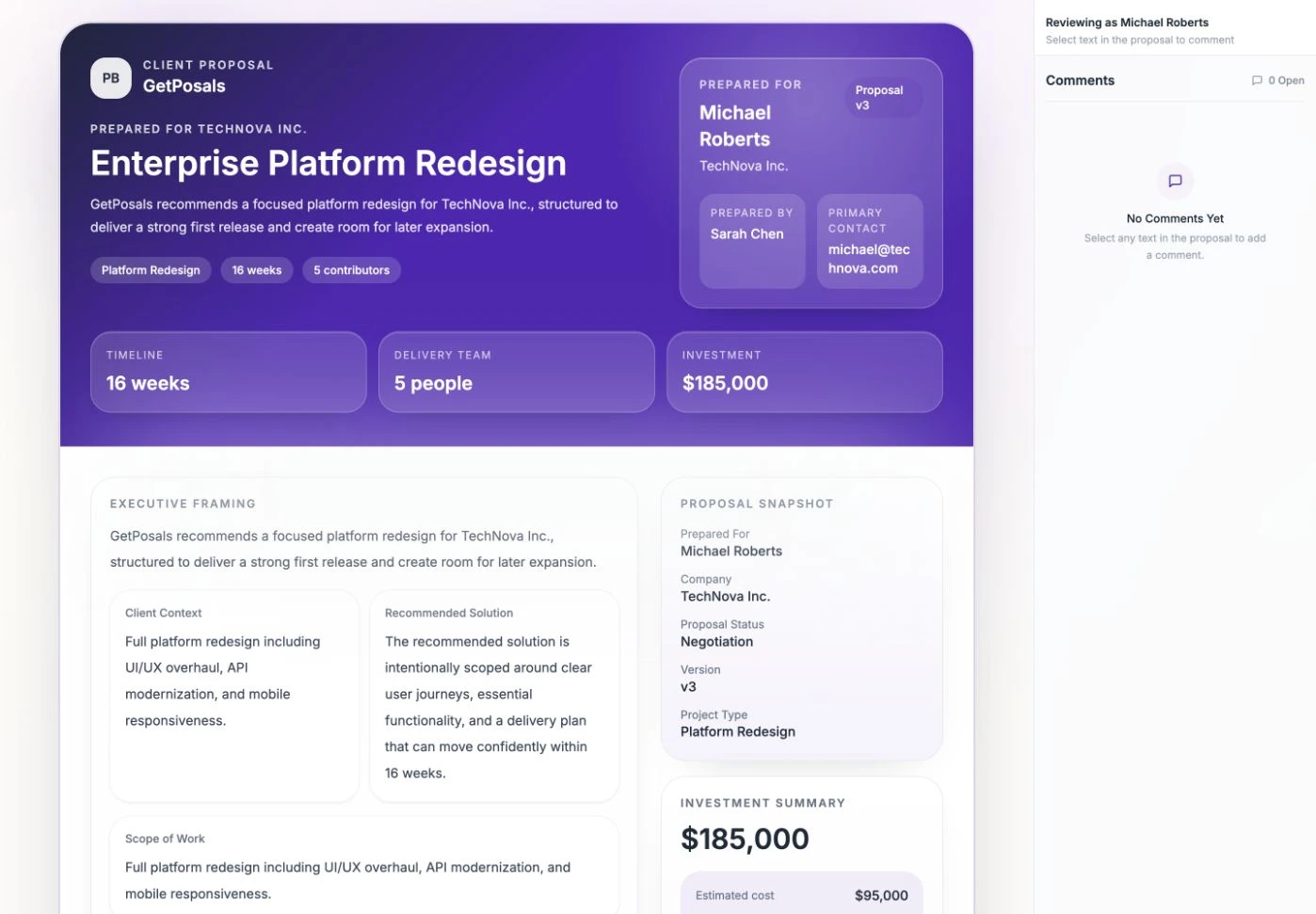 Public GetPosals client proposal with branded summary, scope, delivery plan, investment and comments